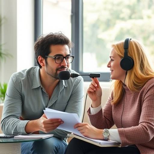 Due persone che discutono e prendono appunti durante una sessione di consulenza podcast