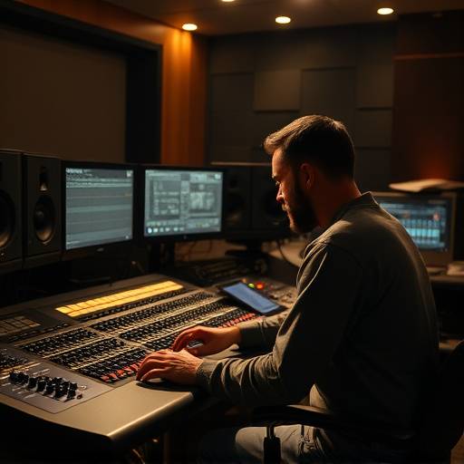 Tecnico audio che lavora alla console di mastering