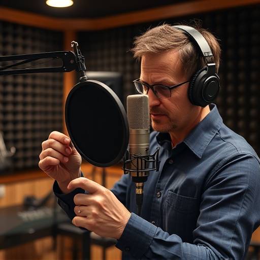 Tecnico audio che regola un microfono Neumann in una sala di registrazione insonorizzata